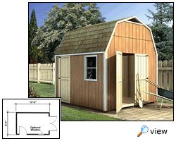 The gambrel-style roof provides this storage shed with a decidedly 